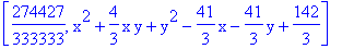 [274427/333333, x^2+4/3*x*y+y^2-41/3*x-41/3*y+142/3]